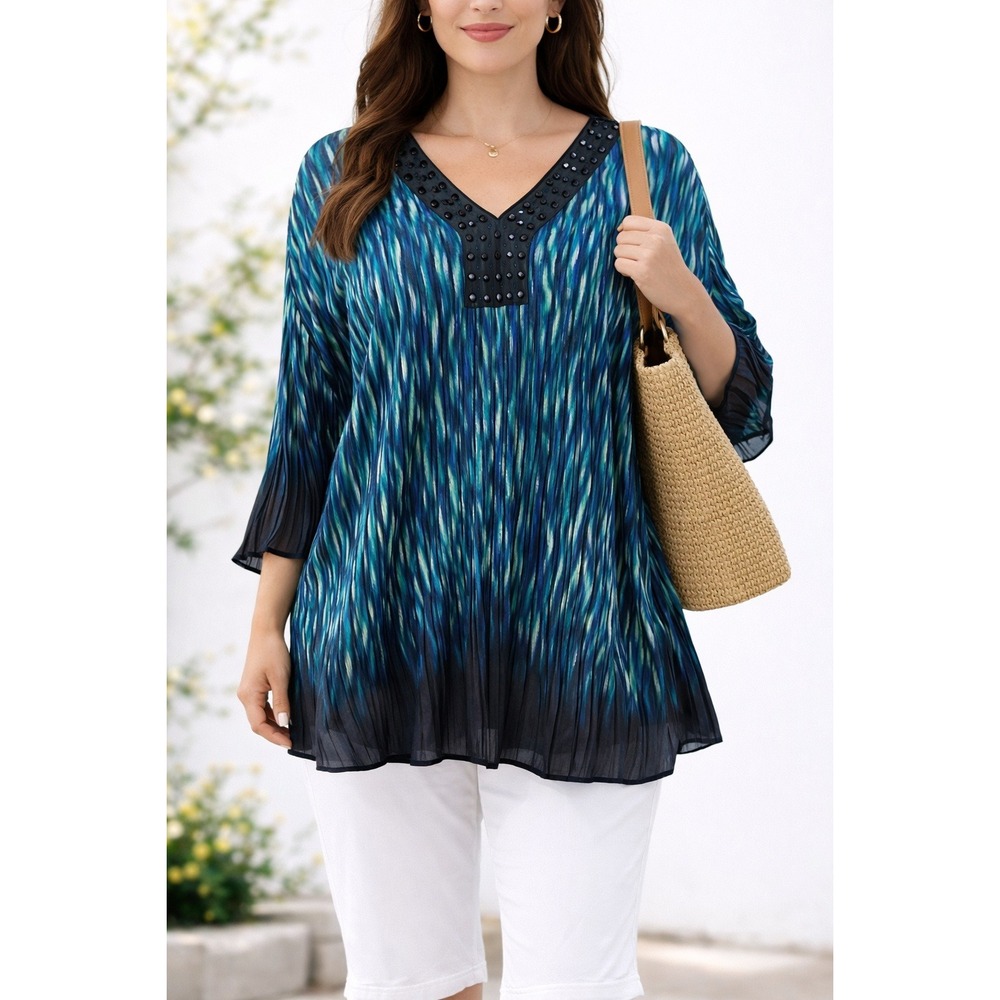 Catherines 5X Tunic Top 34/36W Blue Teal Pleated Sheer Beaded Floral Bell Sleeve